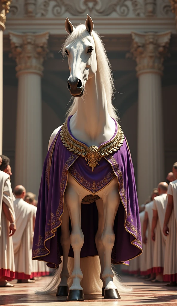 Low angle shot, (A close-up of Incitatus, a majestic white stallion draped in luxurious, embroidered robes of purple and gold, standing inside a grand Roman hall. The horse’s mane is beautifully groomed, and its expression is regal, almost as if aware of its status. The background features the Roman Senate chamber, with massive columns and intricate carvings. The senators, dressed in traditional white togas with red borders, stand around, their faces a mix of shock, disbelief, and fear. ) unreal engine, cinematic, hyper-real, highly detailed, Ultra realistic HD --q 2 --v 6.1 --ar 9:16