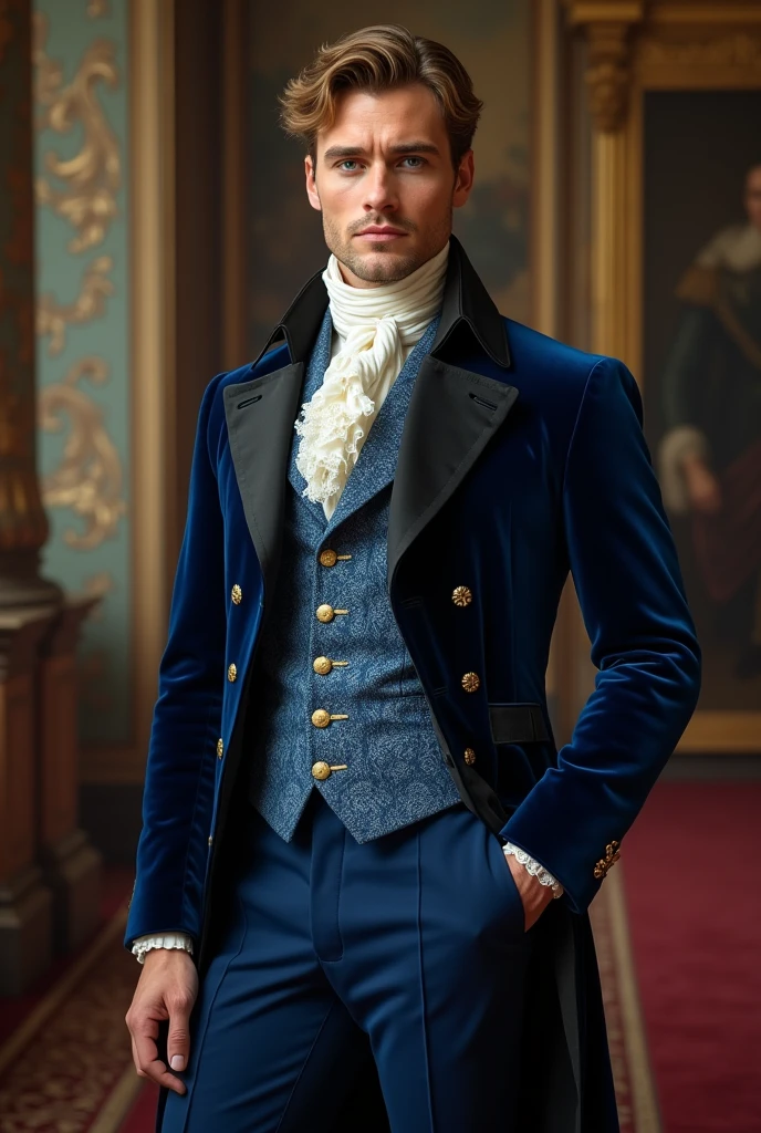 A handsome 30-year-old prince with blue eyes, light brown hair with blond tones, a little long and very white skin worthy of a prince., His face reflects the maturity of a strong man. His jaw is square and perfect. He has a perfectly athletic and muscular body. He wears a suit. (Victorian year 1847 ) Royal blue velvet with black satin lapels and gold buttons. He wears a light blue vest with a brocade pattern, a white linen shirt ( victorian) and a silk tie ( victorian ) dark blue. His tight pants ( Victorians) match with black leather boots ( victorians), displaying a regal and elegant bearing worthy of the nobility of Monaco