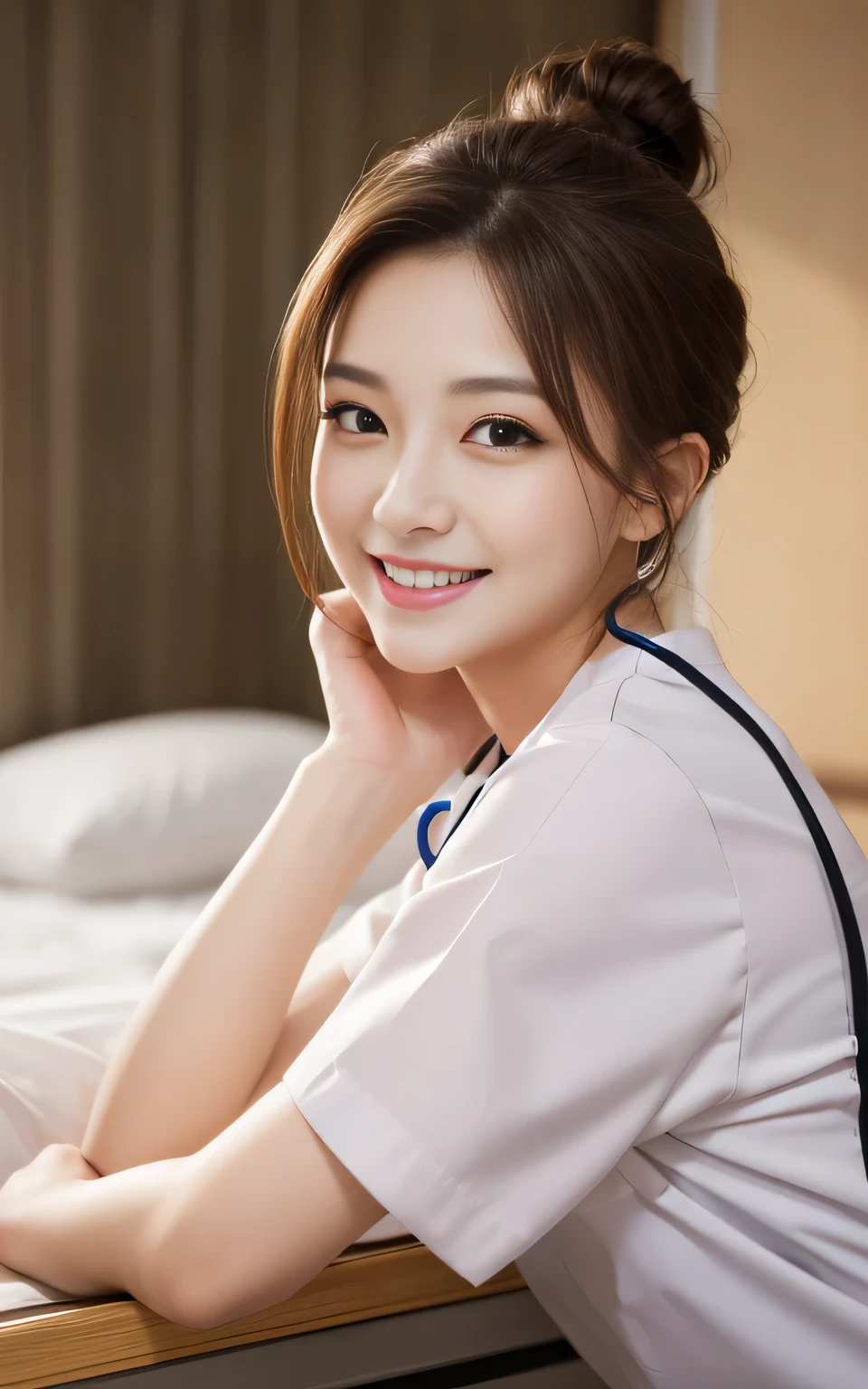 Beauty, high quality, Complete, In detail, High resolution, 8k wallpaper, whole body, Perfect dynamic composition, Beautiful attention to detail, Random poses, Charm, Alluring, 20 year's old, round face, (nurse), hospital , single hair bun, seductive smile