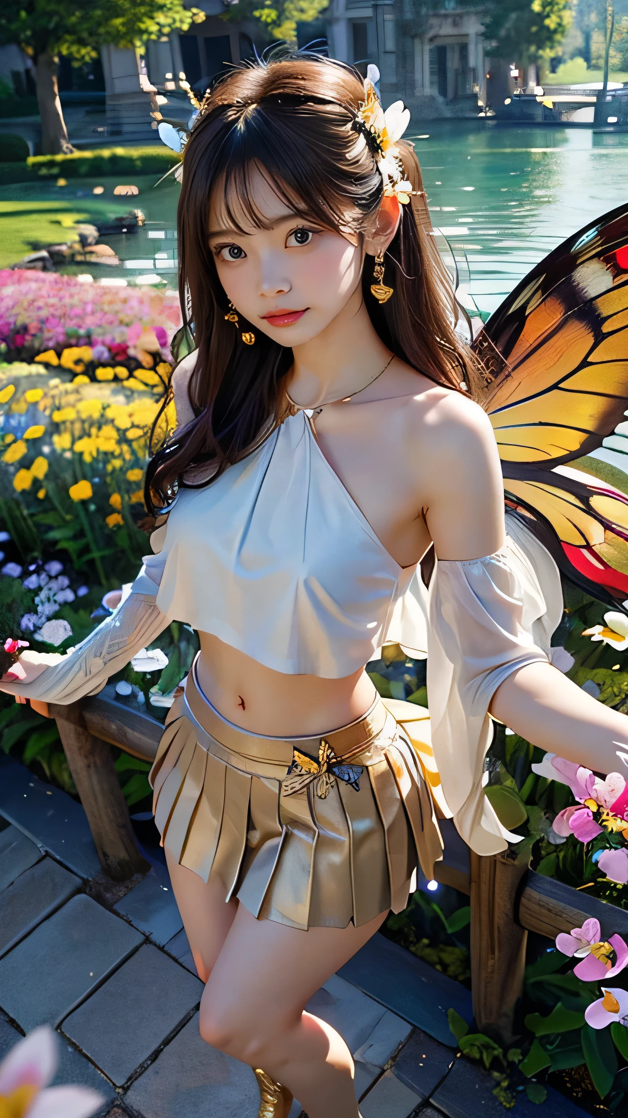 Highest quality,Realistic,masterpiece,detailed,High resolution,Cute , (masterpiece,  best quality,  dynamic angle),  full body shot,  (nsfw:1.4),  1girl, tatto, (gold tattoo), bare shoulders, red eyes, breasts, tight crop top, earrings, fairy, fairy wings, meadow, flowers, (many flowers, butterfly,) lips, long hair, white hair, red highlights, short thight skirt, looking at viewer, medium breasts, midriff, nature, navel, day, outdoors, peplos, skirt, solo, standing, white skirt, wings