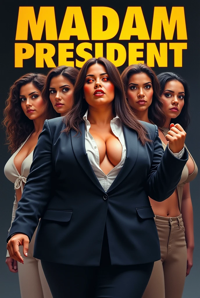 High quality, painted realistic 2000s sci-fi movie poster, titled “Madam President” in bold large Yellow text on top.  In the center is tall chubby actress ((Julie Strain)), glowing red eyes, dramatic pose, one fist raised, broad shoulders, wide hips, long straight hair, thick thighs, formal suit, (plunging neckline), open shirt, The background has five varying size headshots of other diverse ethnicity actors staggered against each other. 