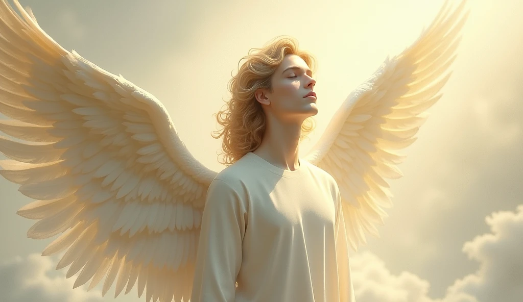 - A gentle, white and gold-winged male pale white skinned angel (simple design) - Soft colors, with a subtle glow - Ethereal background, with a subtle texture I want it as a man,