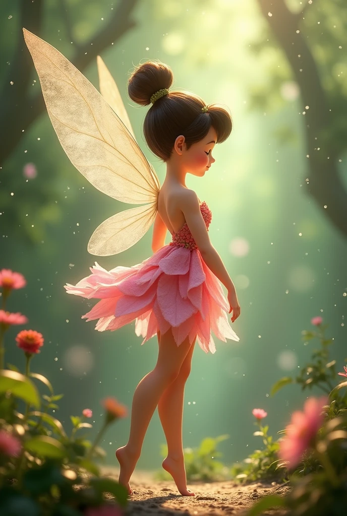 Image with the magic of Pixar, Tinkerbell's Friend Rosette, a white fairy with dark brown hair and eyes , dress made of a pink flower and transparent wings