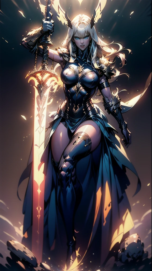 (full body portrait), Magik of X-men, Illyana Rasputin with long white hair, piercing blue eyes, wearing a low cut unitard with high cut legs, tight thigh high boots, holding a glowing magical sword, jumping with sword raised back behind head, huge overhead swing of sword, floating in a mystical realm with swirling energy, (best quality,8k,highres,masterpiece:1.2),ultra-detailed,realistic,photorealistic,photo-realistic:1.37,concept art,dark fantasy,digital painting, dramatic lighting, cinematic, intricate details,ethereal,otherworldly atmosphere, no bra 