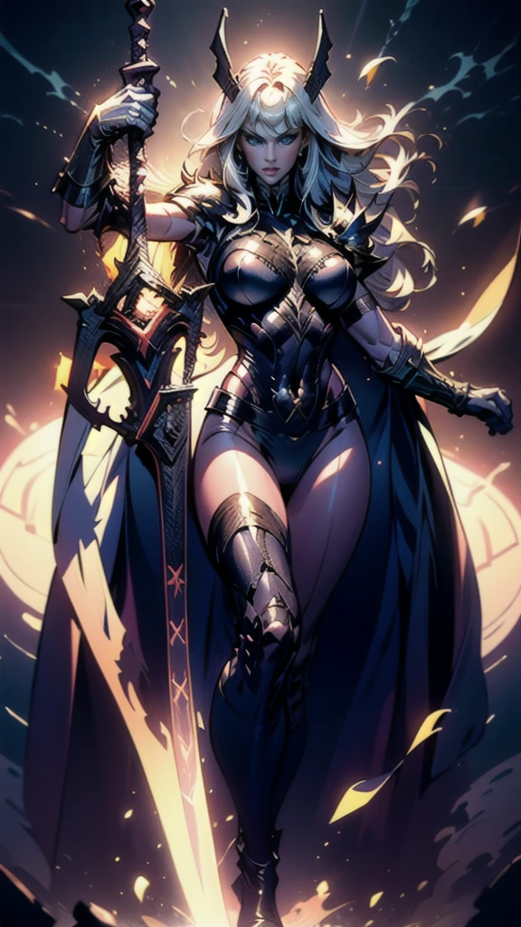 (full body portrait), Magik of X-men, Illyana Rasputin with long white hair, piercing blue eyes, wearing a low cut unitard with high cut legs, tight thigh high boots, holding a glowing magical sword, jumping with sword raised back behind head, huge overhead swing of sword, floating in a mystical realm with swirling energy, (best quality,8k,highres,masterpiece:1.2),ultra-detailed,realistic,photorealistic,photo-realistic:1.37,concept art,dark fantasy,digital painting, dramatic lighting, cinematic, intricate details,ethereal,otherworldly atmosphere, no bra 