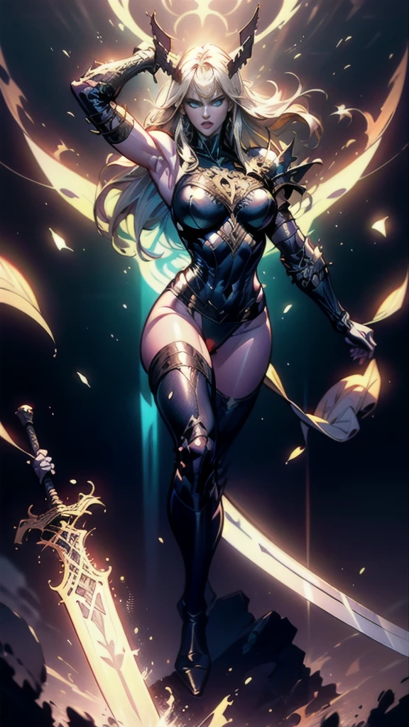 (full body portrait), Magik of X-men, Illyana Rasputin with long white hair, piercing blue eyes, wearing a low cut unitard with high cut legs, tight thigh high boots, holding a glowing magical sword, jumping with sword raised back behind head, huge overhead swing of sword, floating in a mystical realm with swirling energy, (best quality,8k,highres,masterpiece:1.2),ultra-detailed,realistic,photorealistic,photo-realistic:1.37,concept art,dark fantasy,digital painting, dramatic lighting, cinematic, intricate details,ethereal,otherworldly atmosphere, no bra 