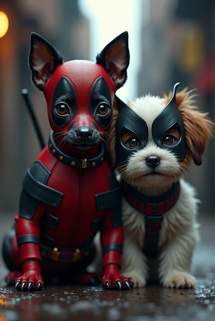 Cinematic style of a black female miniature pinscher wearing a Deadpool costume sitting and a white and dark brown Shih Tzu dog wearing a Wolverine mask.