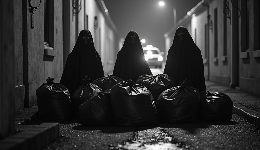 Black and white image, high quality, hyperreal, 3 very dark and malicious ghostly shadows crouching and hiding behind 6 black bags full of garbage, leaning against the wall of a house, at the entrance to a long, unlit alley at night, where a taxi is entering. Very scary image. 