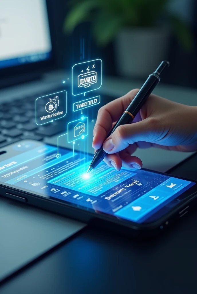 The display screen from the application on the smartphone shows the recorded data written on the Smart Pen. It has features that can manage documents, edit text, and convert handwriting to type immediately.