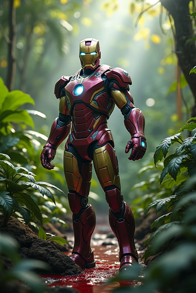 Iron man in jungle with blood