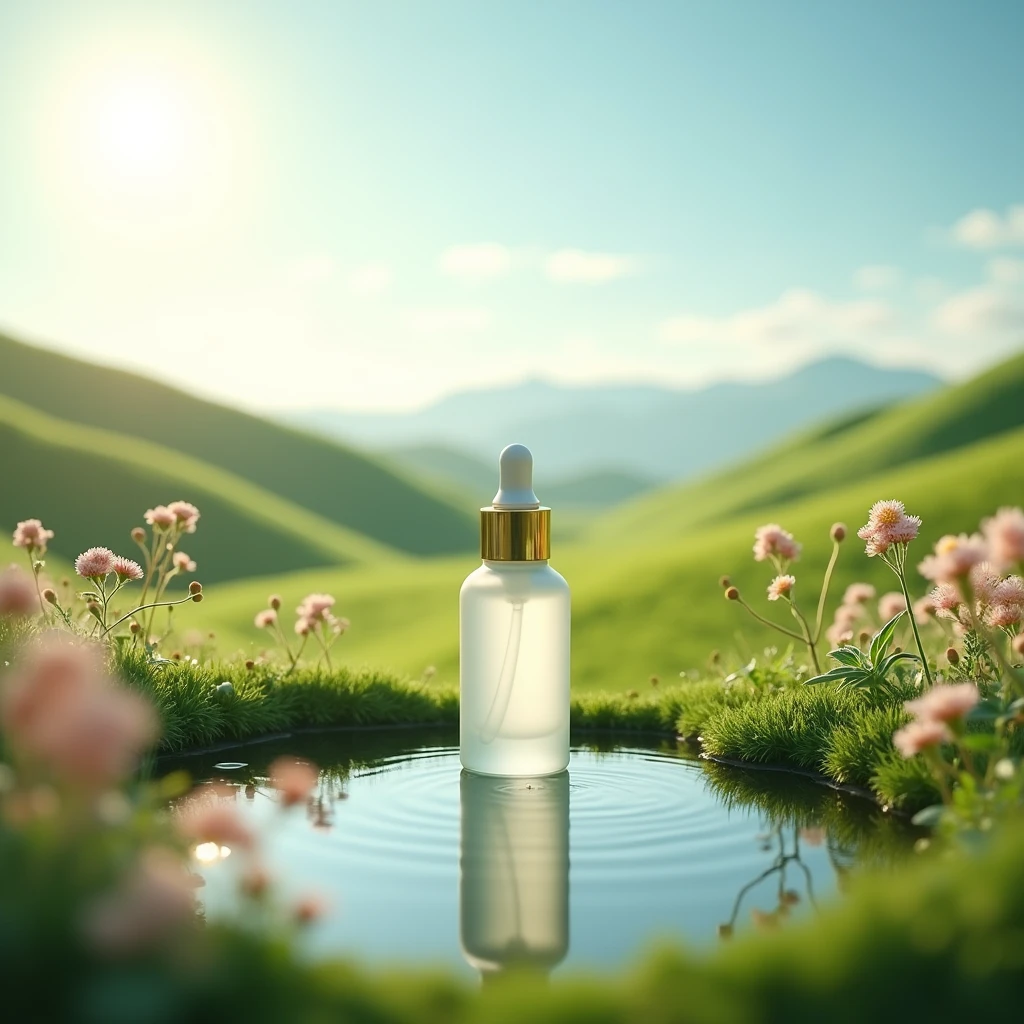Natural background, beautiful weather, 30 ml serum bottle in front.