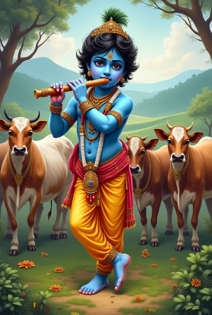 Young Shri krishna with flute with cow 
