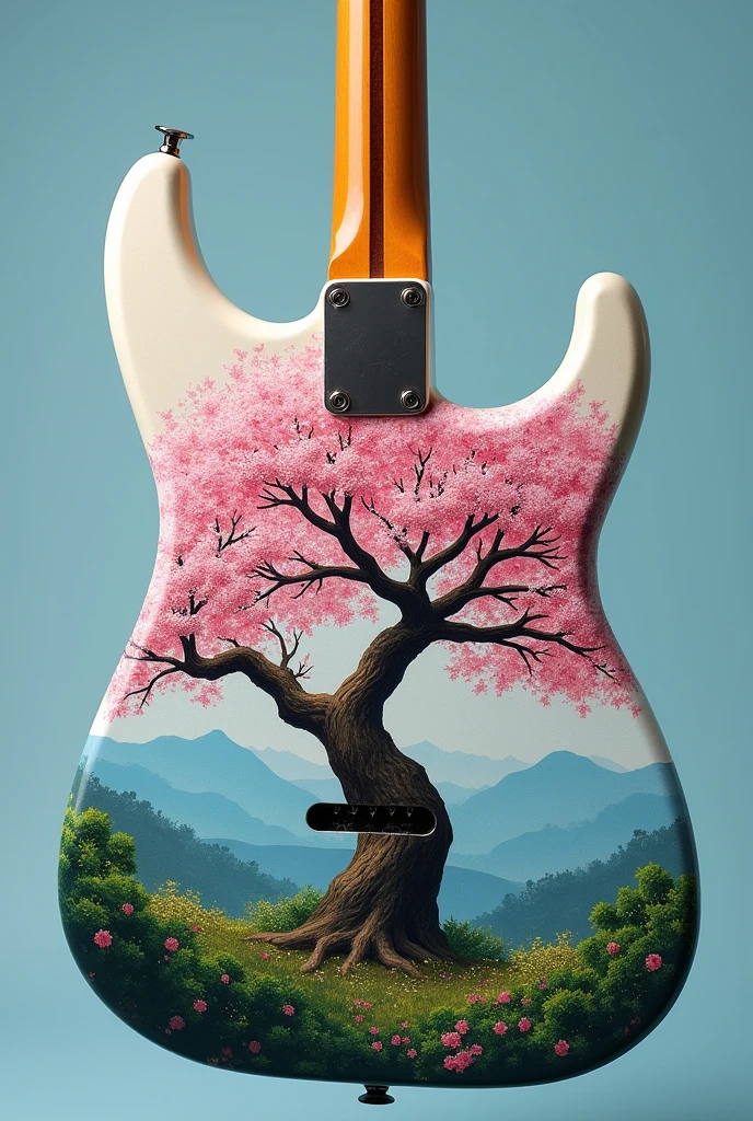 a stratocaster model guitar with a painting of a Japanese sakura with vast foliage and a blue sky in the background, focusing on flowers