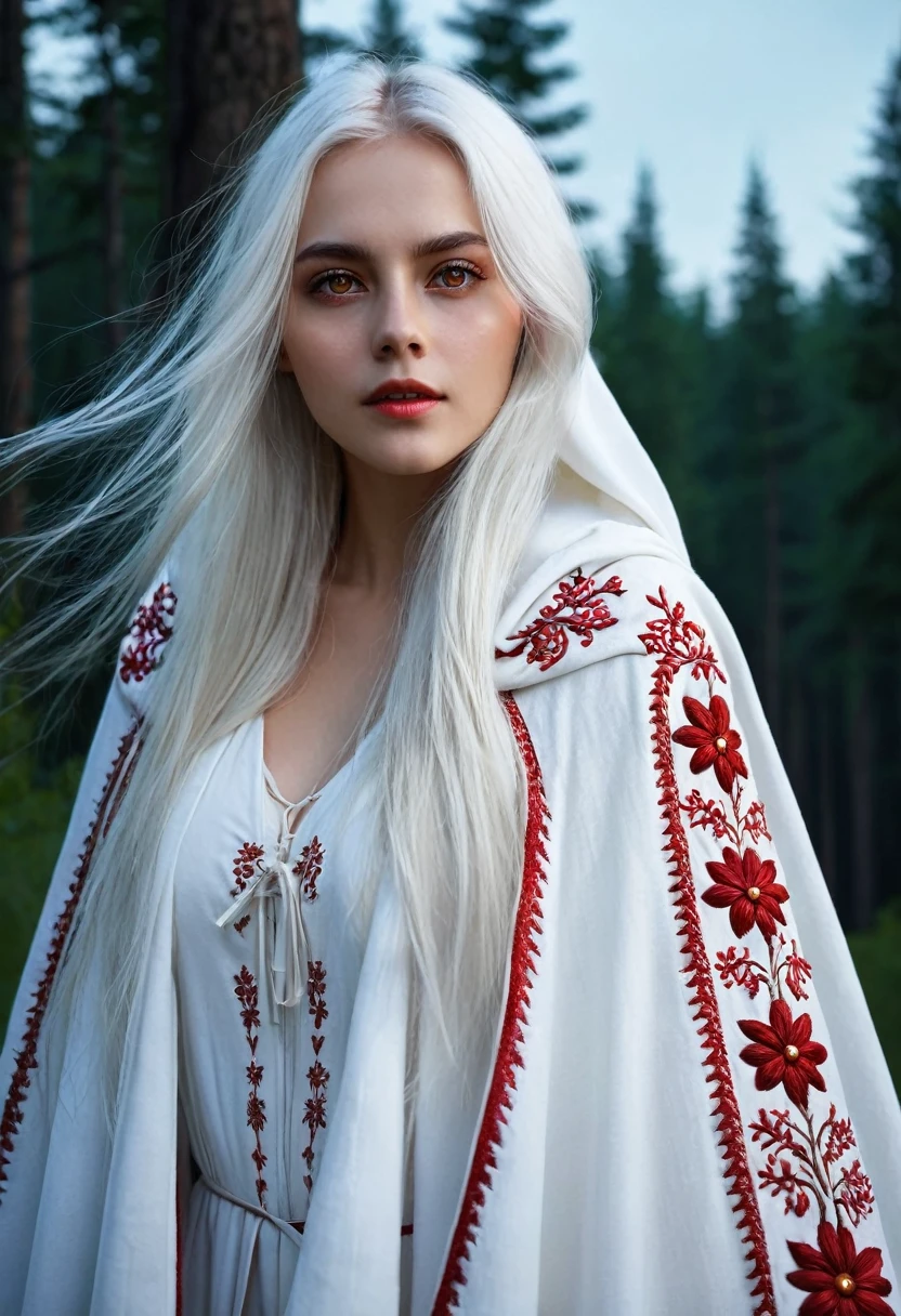 Beautiful girl, Brown sparkling eyes. ((Long white hair)). Epic pose. (White cloak with red folk embroidery). Cute, ((Magic)).Summer night. Forest on the background. Moonlight, clouds. Wind. Dark souls style. Dark atmosphere, hd, 128k