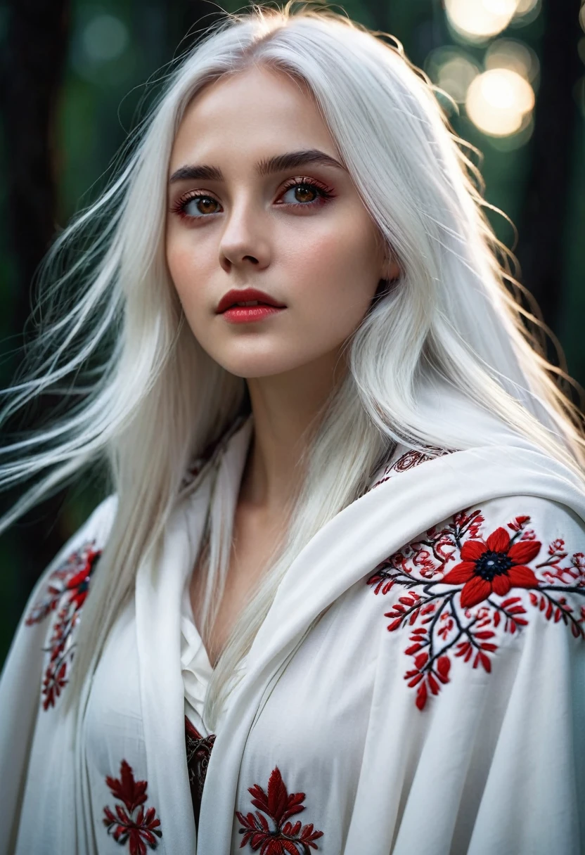 Beautiful girl, Brown sparkling eyes. ((Long white hair)). Epic pose. (White cloak with red folk embroidery). Cute, ((Magic)).Summer night. Forest on the background. Moonlight, clouds. Wind. Dark souls style. Dark atmosphere, hd, 128k
