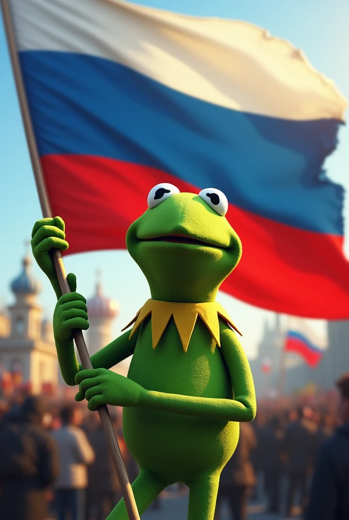 Kermit the Frog with the white-blue-white flag of free Russia