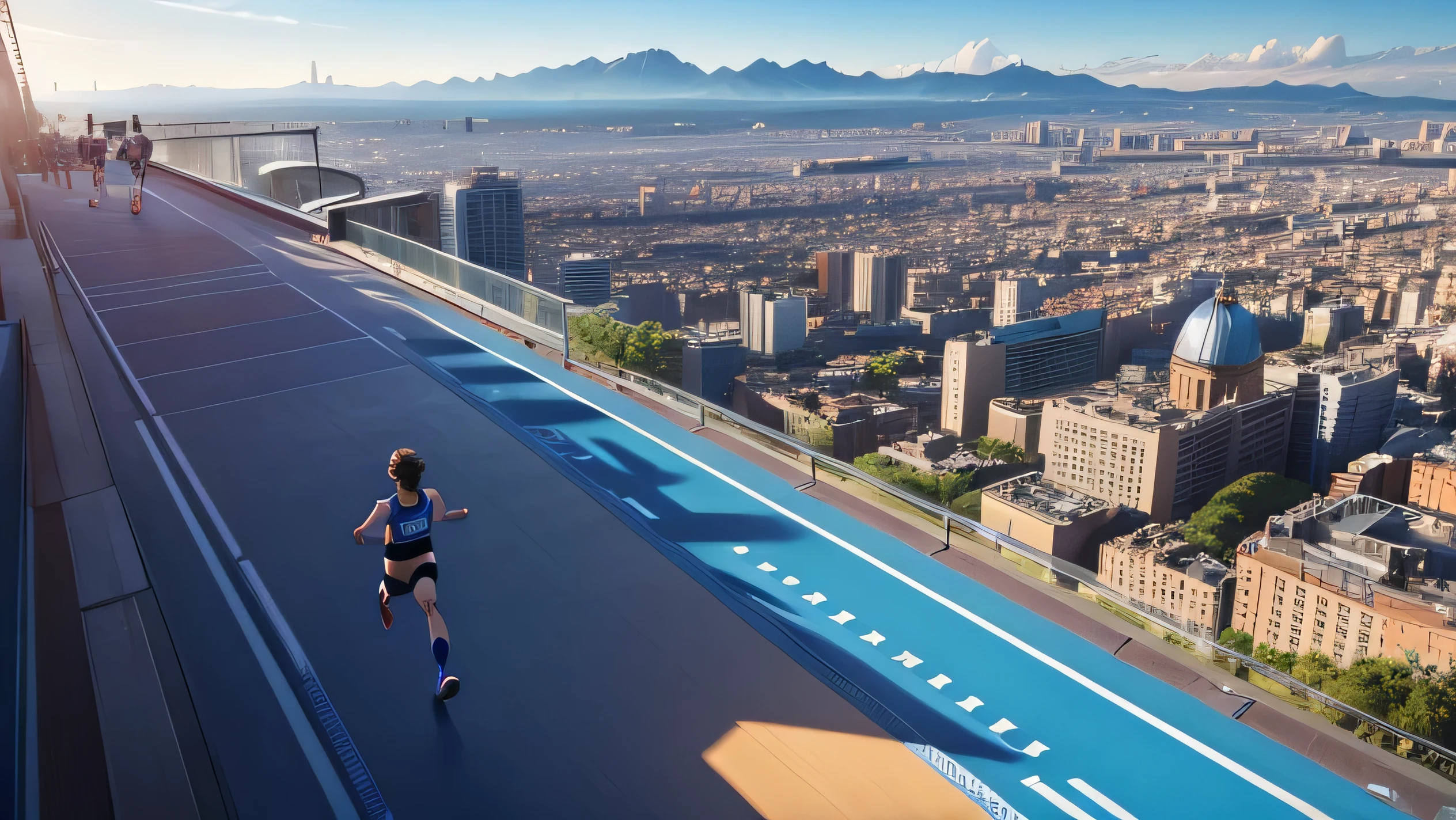 A sky-high running track with blue rubber flooring, overlooking buildings and the city below.