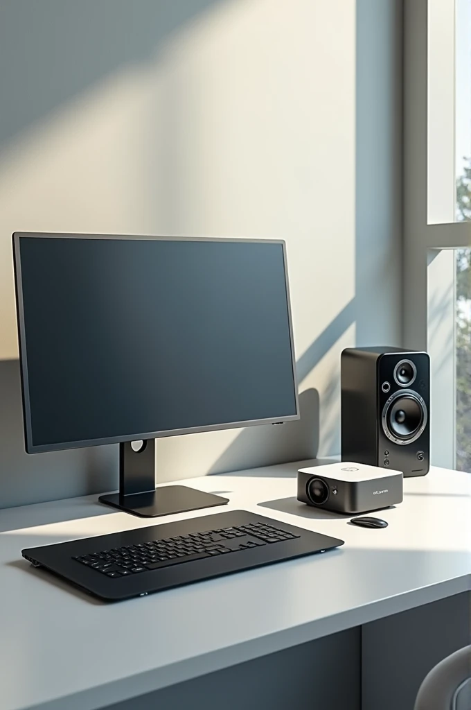 Image of a monitor, a printer, a speaker and a projector