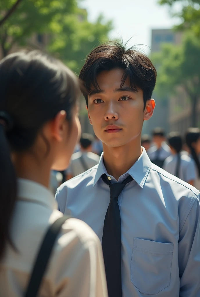 Young Handsome Asian teacher is looking a 15 girl student in the yard
