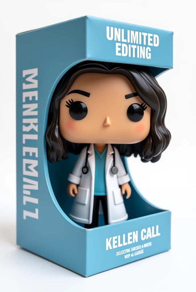 Create a Funko Pop of a kellen call, Brunetette, with slanted eyes, Bblack hair, dressed as a doctor. Funk must be presented inside and outside a blue box "unlimited editing". The box must also allow viewing of the funko, Typography, the rendering must be in 3D with a white background