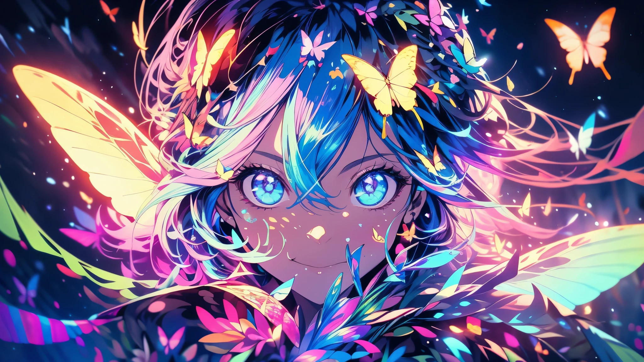 Enchanted Mystical Girl, neon colored butterflies, mini golden fairies, Glowing mushrooms releasing pollen, (ultra-realistic), {extremely detailed 8k CG unity wallpaper}, (A low view that prioritizes the entire scene), (Fully open field view), (low angle shot), (destacados: 1.5), (low light: 1.0), (Warm Light Source: 1.0), complexdetails, (Iridescent Colors: 1.5), (bright lighting), (atmospheric lighting), naturey, magical