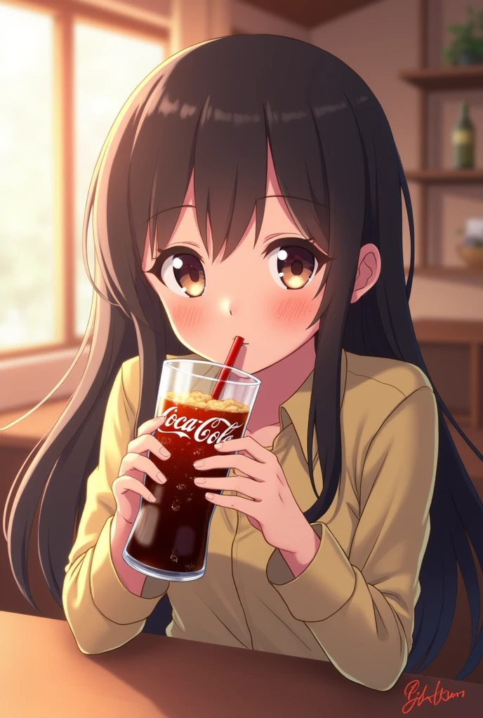 Please generate an image of Lui Mei Fan from "Shoujo Kageki Revue Starlight Re:Live" drinking coke
