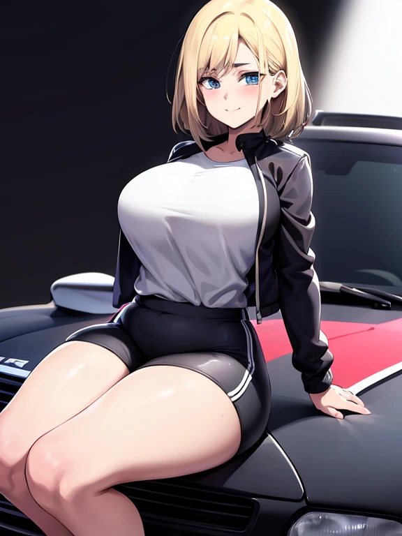 masterpiece, best quality, ultra-detailed, illustrator,1girl, Short straight hair, Wearing a white top, black and white racer jacket, Short white sport pants, white shoes, blush, big breasts, Big thigh, Look to the Lower, simple background, solo, very sexy, shy expression, cute, white background, Smiling cute, Facing sideways pose sitting on the hood of a car, Nissan skyline r34