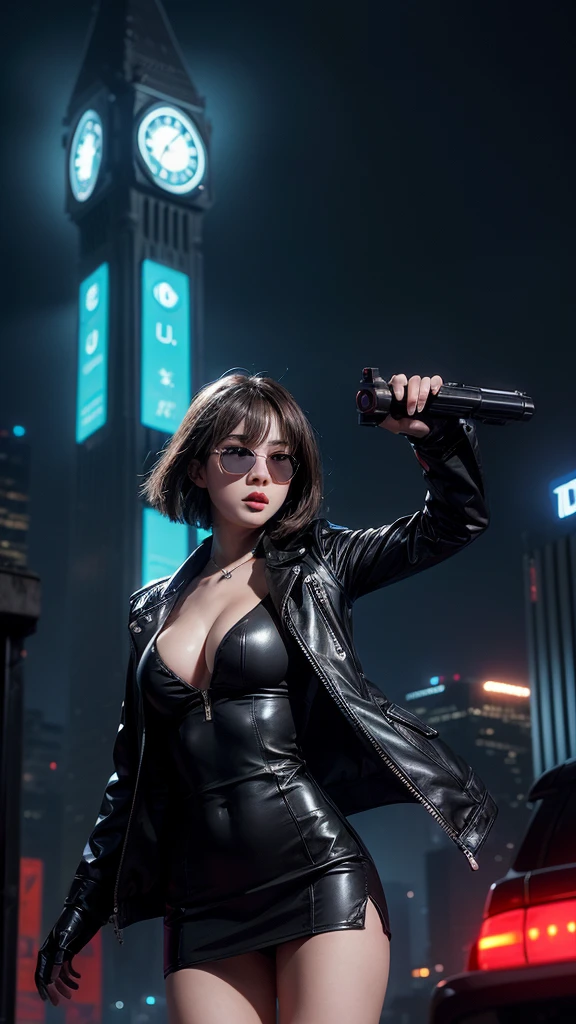 (Wide angle view). Blade Runner style futuristic city, simple outlined neon buildings, glowing giant clock tower, flying cars, lightning, 3d rendering Beeple. At night, (1girl, solo, alone), photorealistic, medium-breast slim:0.6 body, oval:0.5 face, cleavage:1.1, sexy black laced bra, deep-V, (low angle view of miniskirt), white laced panty, coat, (Matrix style black micro sunglasses), ((aiming viewer with a short gun)), (slightly leaning forward running pose), (half-body thigh level close-up shot), cinematic lighting, ray tracing.