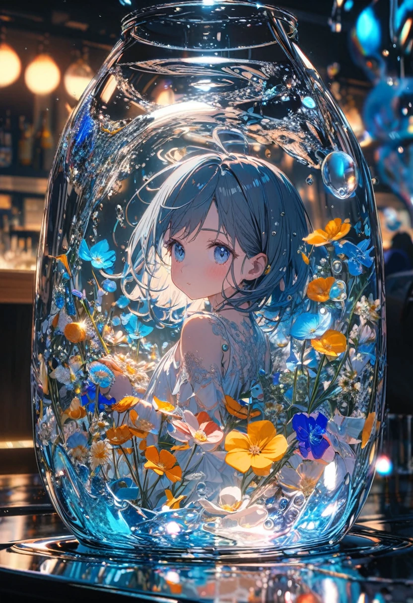 Super detailed, 8k, Angelic, glass, Water in a glass, Glass flowers, bubble, Right blue water, nice, bright