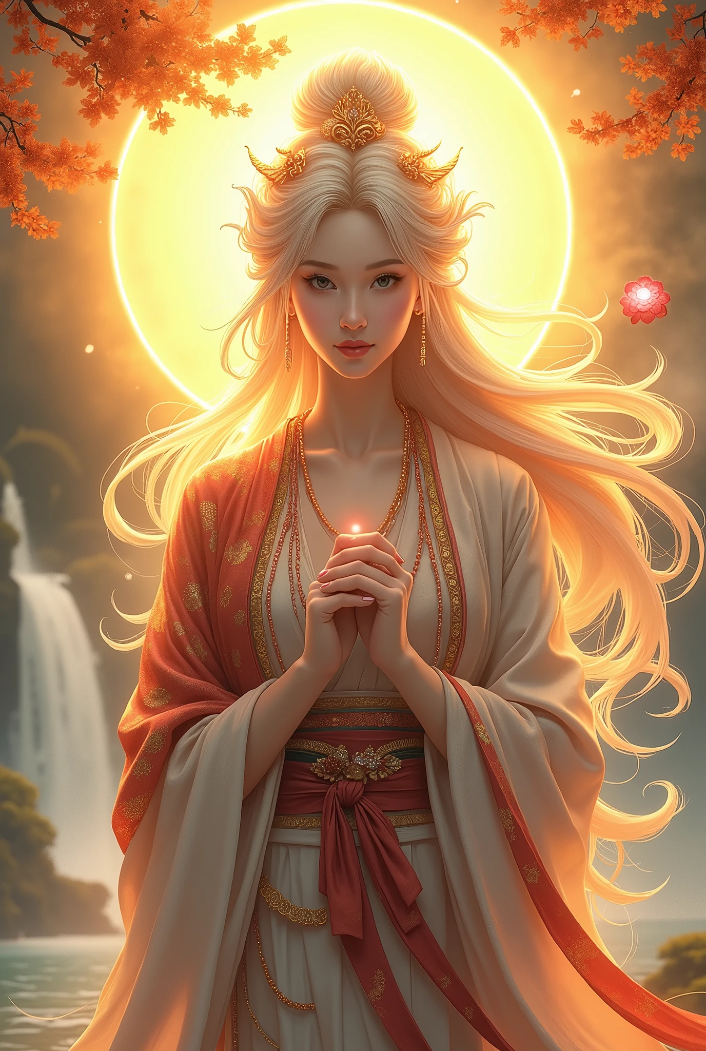Upper body photo、The photo is bright、smile、waterfall、lake、Beauty、The body is facing forward、looking at the camera、Hands folded in front of you、God with a golden background々It emits a bright light、
vivid、kimono、Decorations、Long Hair、Wind、Lotus flower、White Snake、Halo、Digital Art、人物にも光が当たっている
mysterious、beautiful、Realistic、vivid、Lotus flower、Long Hair、Wind、beautiful、mysterious、