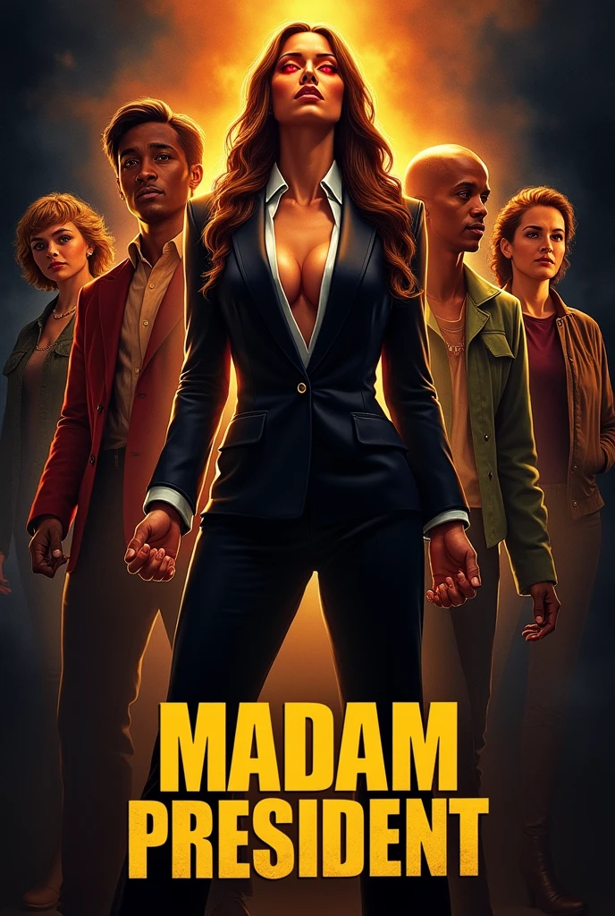 High quality, painted realistic 2000s sci-fi movie poster, titled “Madam President” in bold large Yellow text on top. In the center is tall muscular ((Julie Strain)), glowing red eyes, dramatic pose, one fist raised, broad shoulders, wide hips, long straight hair, thick thighs, formal suit, (plunging neckline), open shirt, The background has five varying size headshots of other diverse ethnicity actors staggered against each other.