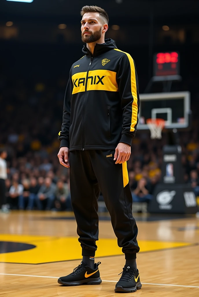Black and yellow basketball warm-up clothing, modern style for men, name brand "KANIX"