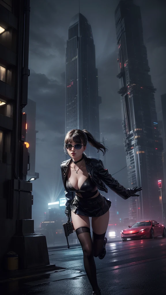 (Wide angle view). Blade Runner style futuristic city, simple outlined neon buildings, glowing giant clock tower, flying cars, lightning, 3d rendering Beeple. At night, (1girl, solo, alone), photorealistic, medium-breast slim:0.6 body, oval:0.5 face, cleavage:1.1, sexy black laced bra, deep-V, (low angle view of miniskirt), white laced panty, coat, (Matrix style black micro sunglasses), ((aiming viewer with a short gun)), (slightly leaning forward running pose), (half-body thigh level close-up shot), cinematic lighting, ray tracing.