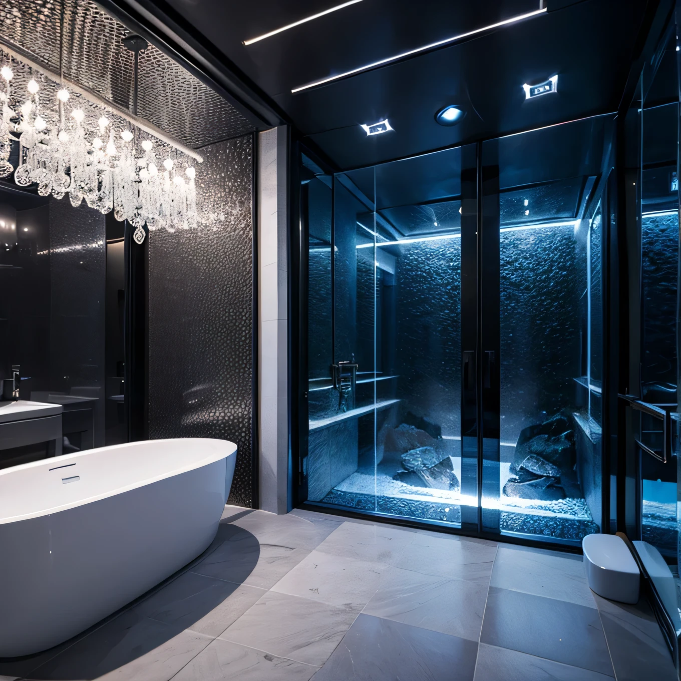 Very beautiful luxury bathroom with bathing products  materials very lightning with and having aquarium very beautiful lighting chairs