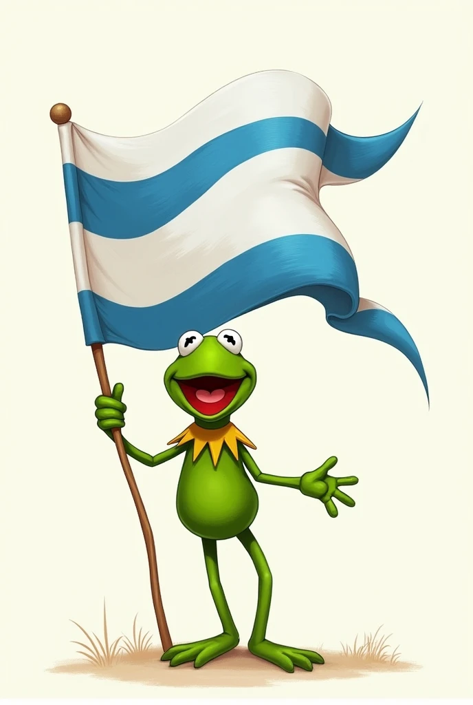 Kermit the Frog with a white, blue and white flag