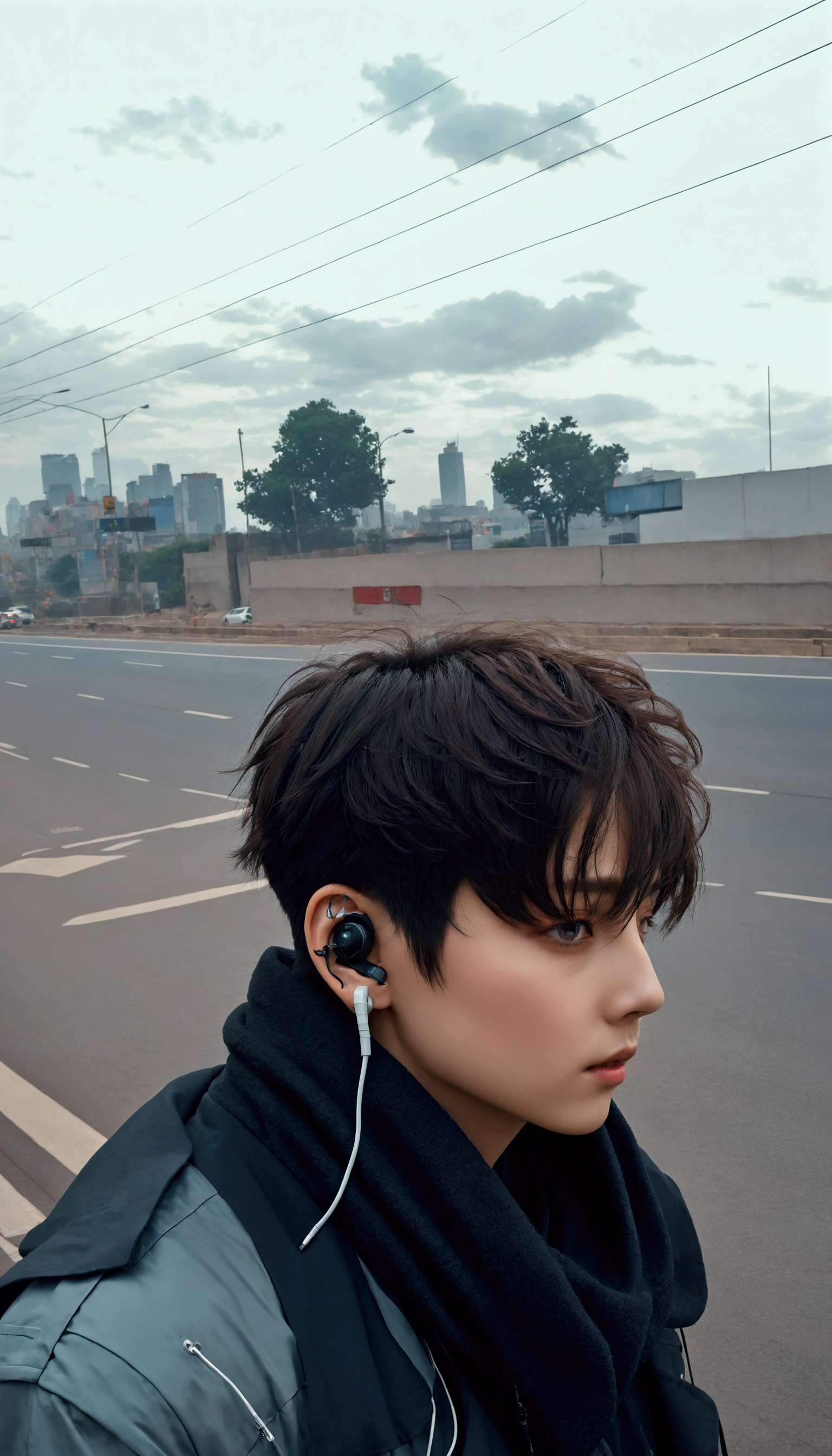 Hay una mujer with headphones de pie al borde de la carretera, calibrated ears, with short hair, with headphones, sometimes ulzzang, jungkook, with headphones, Cai Xu Kun, Aesthetic, cyberpunk))), Mix of aesthetics, delicate androgynous prince, in cyberpunk style, in the middle of the city, pointy ears, in cyberpunk aesthetic