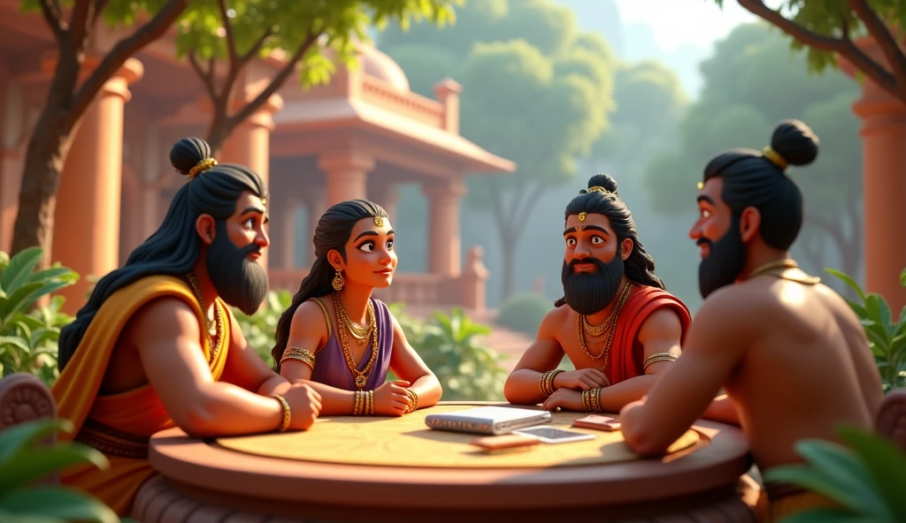 Generate in cinemetic 3d cartoon**Analyze the benefits and drawbacks of remote work versus traditional office environments in your field.**in Mahabharat time pictures