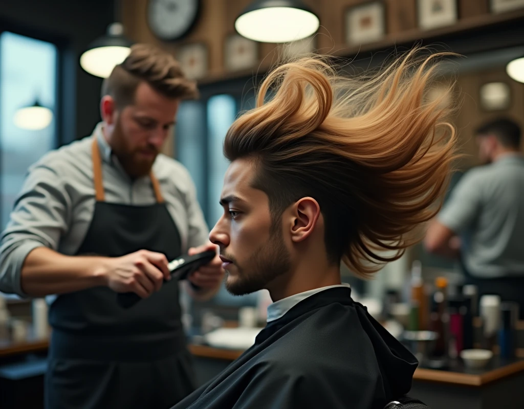 Image of flying hair and blur of barber cutting client's hair in the background. Full HD image.