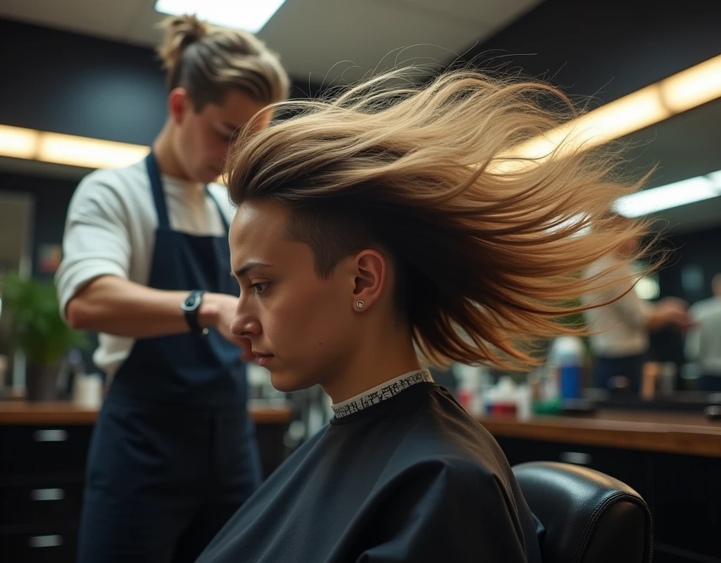Image of flying hair and blur of barber cutting client's hair in the background. Full HD image.