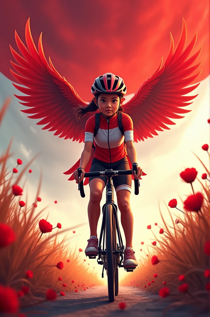 A young girl riding a push bike, wearing a trail helmet and a road bike jersey. The background features a majestic Garuda bird, the symbol of Indonesia, against a backdrop of red and white, representing the Indonesian flag. The scene combines the energy of cycling with national pride, using vibrant red and white tones to highlight the patriotic theme