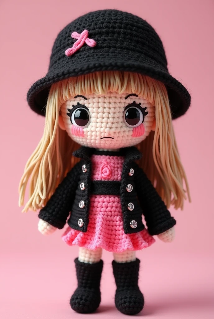 amigurumi, chibi-style Lisa from Blackpink, with her signature light brown-blonde hair styled in her iconic straight cut with blunt bangs, flowing down to her waist. She’s wearing a stylish black and pink dress with a mix of edgy and cute elements—black jacket accents with pink ruffles and a fitted waist. On her head, she wears a trendy black bucket hat with pink detailing, adding a cool and fashionable touch. She stands confidently with her arms by her sides, wearing knee-high black boots, capturing her charismatic stage presence.