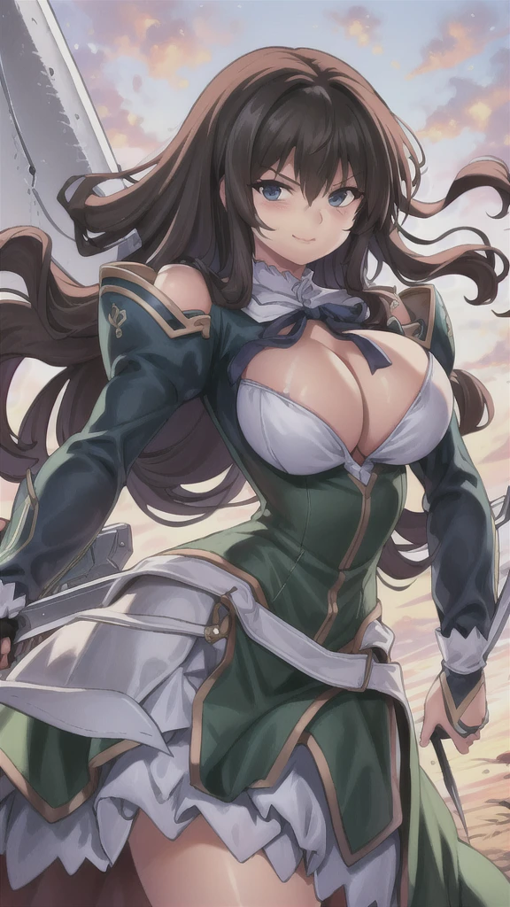 masterpiece,best quality,kim_kwang_hyun, 1girl,kashino, Brown hair, big , large huge breasking at viewer, navy-blue eyes, Brown hair, bangs, large huge breasts, lones, dress, cleavage, closed mog weapon((sword)), puffy sleeves, arm up, clot cutout, copyright name, green dress, cleavage cutout, juliet sleeves armor, shoulder armor, Brown hair, smirk, navy-blue eyes