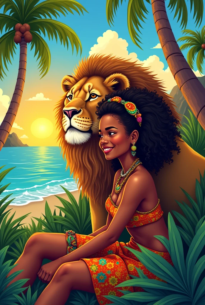 Rastafarian black girl with a lion enjoying the sunrise, colorful summer outfit stands out, Energetic and lively scene.Caribbean,  illustration,  