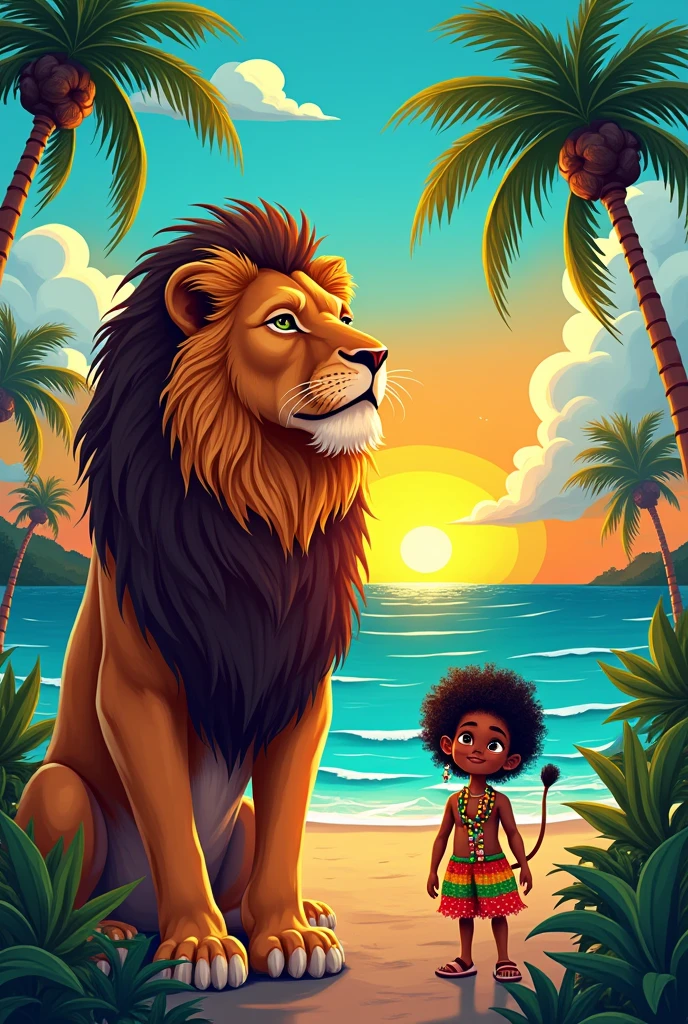Rastafarian black girl with a lion enjoying the sunrise, colorful summer outfit stands out, Energetic and lively scene.Caribbean,  illustration,  