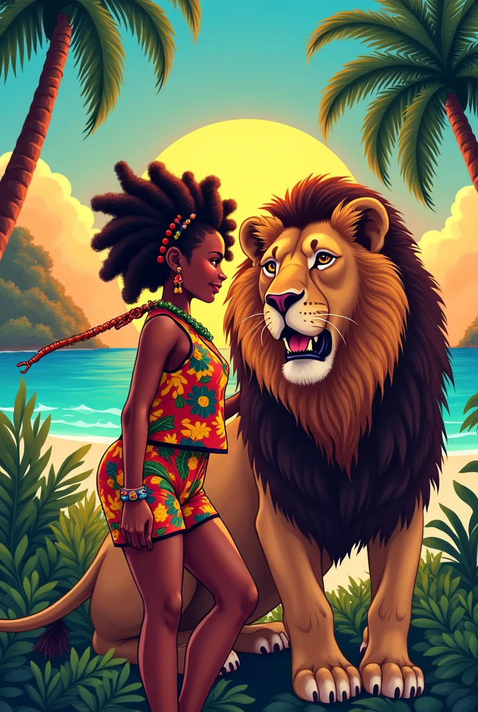 Rastafarian black girl with a lion enjoying the sunrise, colorful summer outfit stands out, Energetic and lively scene.Caribbean, illustration,