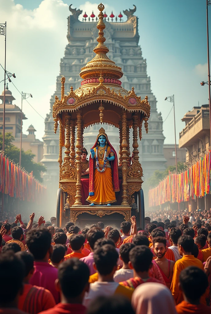 रथ यात्रा, मानिसको भिड भाड , ओहोर दोहोर गरिरहेका मानिसहरु राधा कृष्ण मन्दिर रथलाई मानिसको भिडले तान्दै गरेको फोटो।