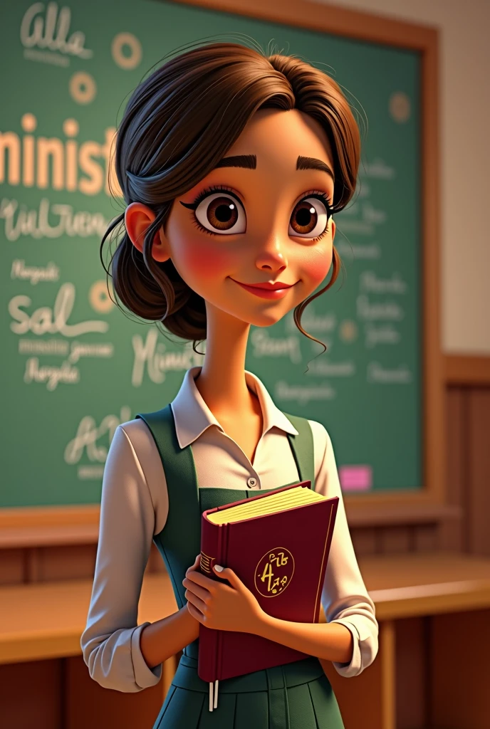 Disney Pixar inspired movie poster with title "Children's Ministry Aunts". It has to be a brown-haired woman , hair slicked back, light brown skin color, wearing a Sunday school teacher's professional outfit and holding a Bible in her hand, and with a sala de aula background written Ministerio . The scene should follow an art style similar to Pixar, focus on characters' Expressions, swirly vibrant colors, Detailed textures and features of your animations.