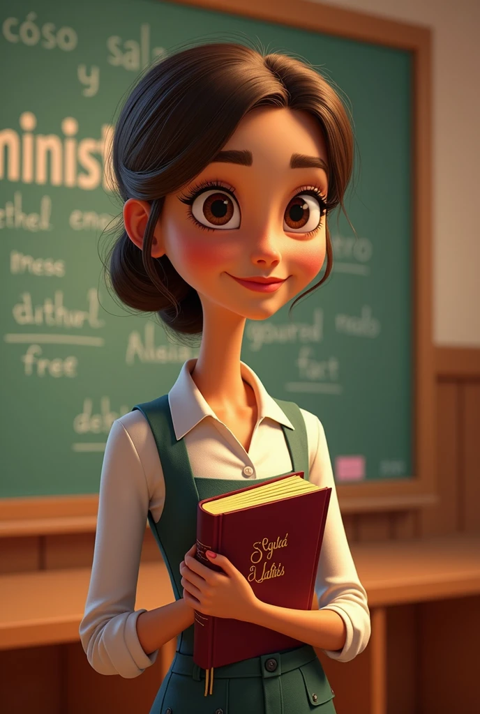 Disney Pixar inspired movie poster with title "Children&#39;s Ministry Aunts". It has to be a brown-haired woman , hair slicked back, light brown skin color, wearing a Sunday school teacher&#39;s professional outfit and holding a Bible in her hand, and with a sala de aula background written Ministerio . The scene should follow an art style similar to Pixar, focus on characters&#39; Expressions, swirly vibrant colors, Detailed textures and features of your animations.
