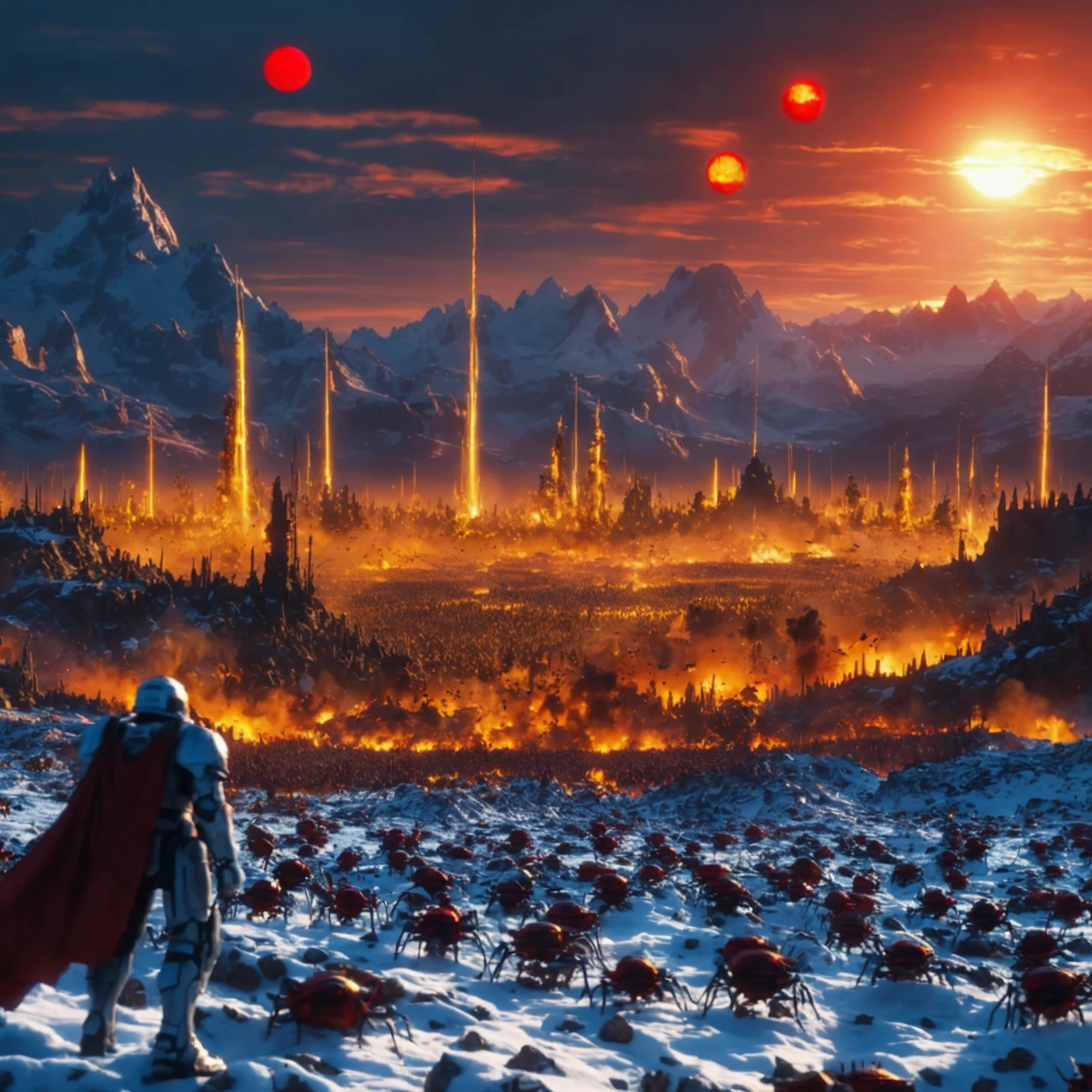 an extreme wide shot of a battlefield between an army of insect like humanoids against an army of mechwarriors, BREAK, there are mountains on the background as high as Mount Everest, a frozen valley, two red suns in the sky, fire and explosions abound, cinematic volumetric lighting, shot with Sony Fx6