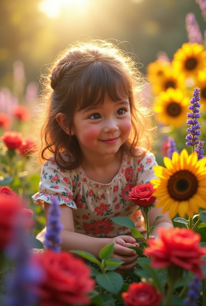 a cute, detailed, six year old girl playing in a colorful vibrant flower garden, ultra-detailed, 8k, (best quality,4k,8k,highres,masterpiece:1.2),ultra-detailed,(realistic,photorealistic,photo-realistic:1.37),stunning detailed portrait, intricate detailed floral garden, natural lighting, cinematic composition, warm color palette, vibrant colors, lush foliage, shallow depth of field, golden hour